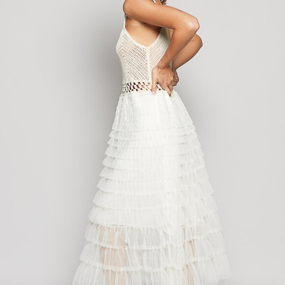 POL Elegant Cotton Crochet Bodice & Tulle Ruffle Midi Dress - Picture 4 of 6